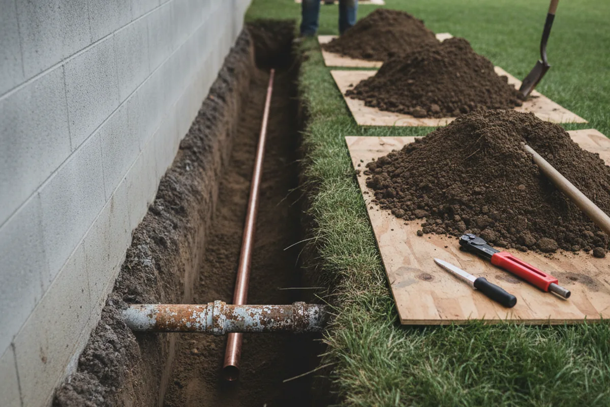 Excavated water line trench during Water Softener Installation in Winters